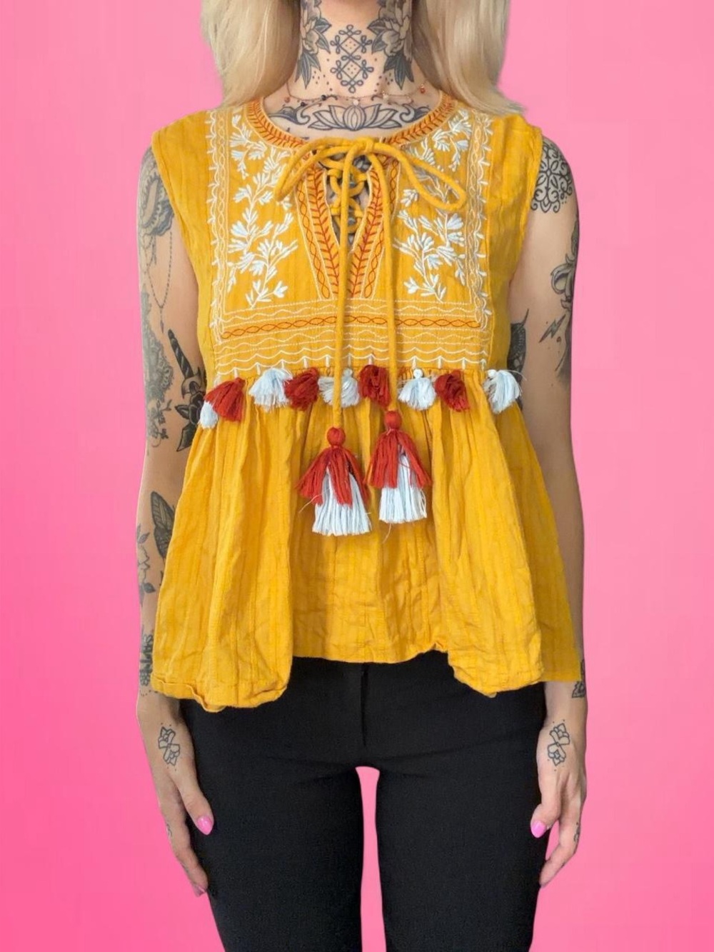 altard state yellow embroidered babydoll top with tassels boho